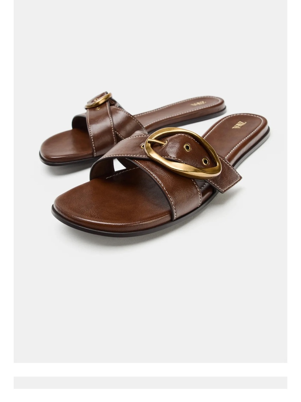 Zara Brown Slide Sandals with Gold Buckle